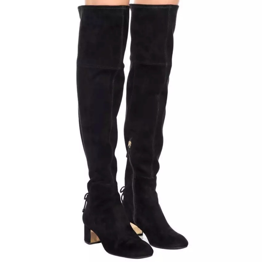TORY BURCH LAILA 45 BLACK SUEDE BOW GOLD REVA ZIP OVER THE KNEE BOOTS